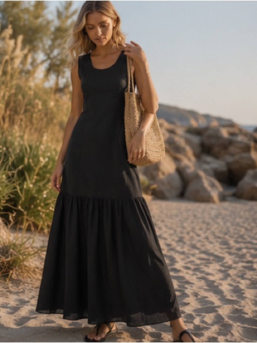 Sleeveless Black Maxi Dress with Tiered Skirt - Picture 2 of 11
